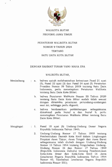 Peraturan Walikota Blitar Nomor 9 Tahun 2024 Tentang Satu Data Kota Blitar