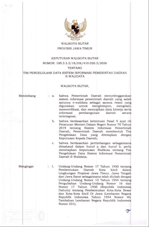 Keputusan Walikota Blitar Tentang Tim Pengelolaan Data SIPD E-Walidata