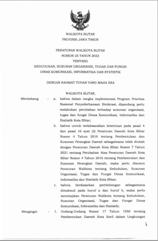 PERWALI NO 25 TAHUN 2022 TENTANG KEDUDUKAN, SUSUNAN ORGANISASI, TUGAS, DAN FUNGSI DINAS KOMUNIKASI, INFORMATIKA DAN STATISTIK