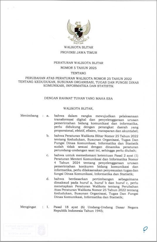 PERWALI NO 5 TAHUN 2025 TENTANG PERUBAHAN ATAS PERWALI NO 25 TAHUN 2022 TENTANG KEDUDUKAN, SUSUNAN ORGANISASI, TUGAS, DAN FUNGSI DINAS KOMUNIKASI, INFORMATIKA DAN STATISTIK