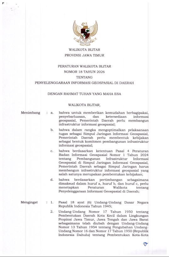 Peraturan Walikota Blitar Nomor 18 Tahun 2026 tentang Penyelenggaraan Informasi Geospasial di Daerah